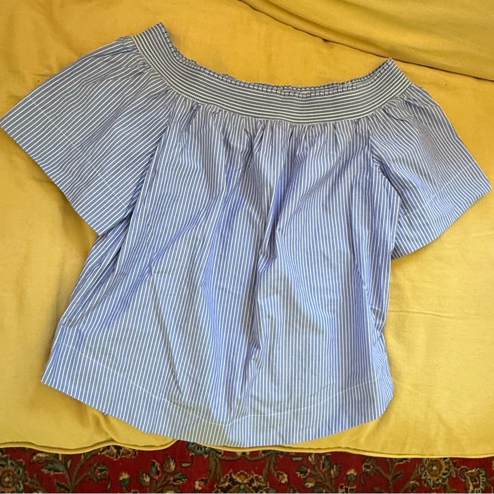 J. Crew Blue and White Ruffled Blouse